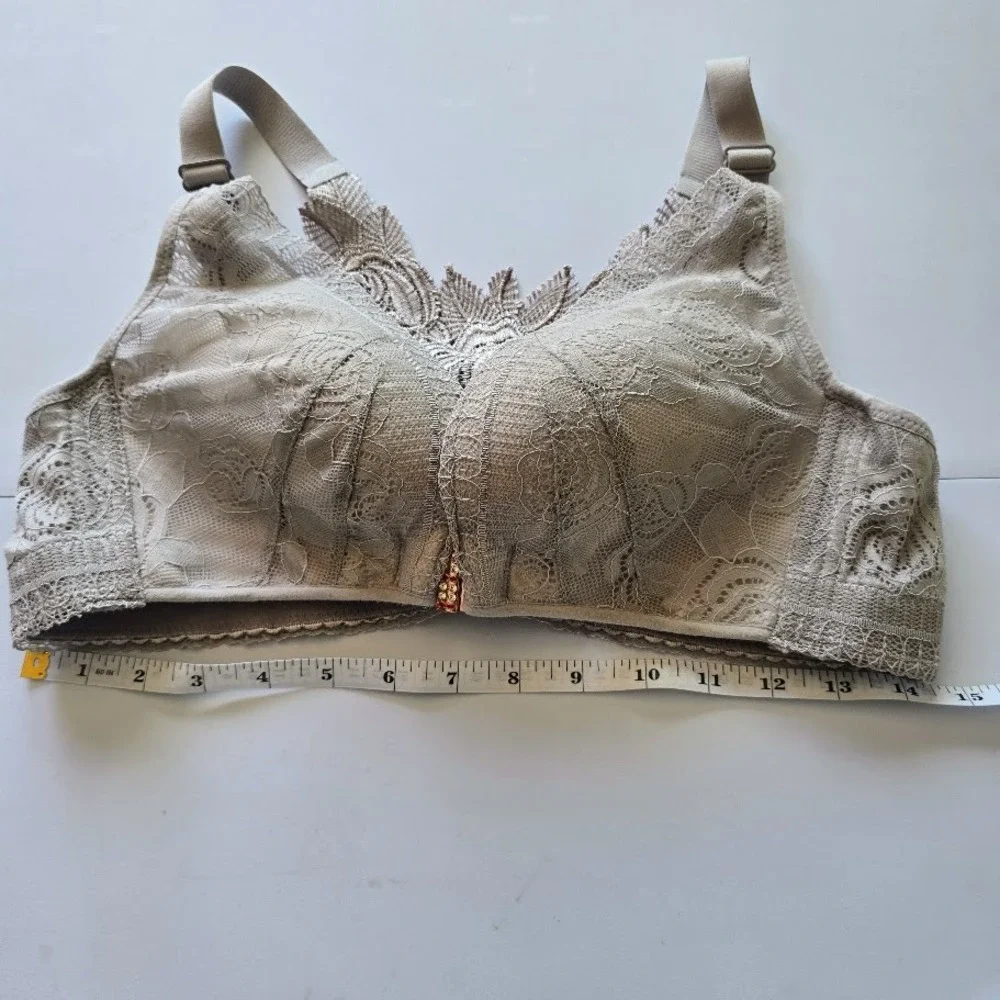 Taupe Lace Front-Close Bra‎ Rose Floral Racerback Rhinestone Women 42C Lingerie